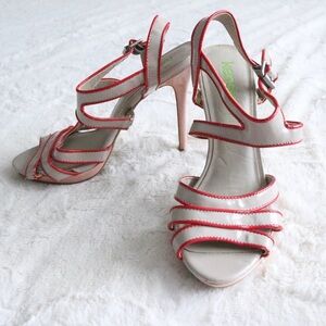 Nude and Red Striped Strappy Open Toe Heel